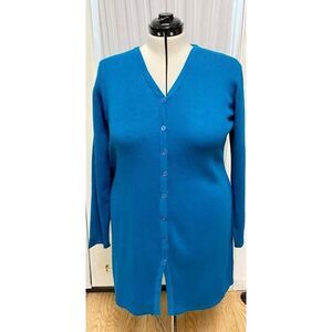 Susan Graver teal blue long sleeve long button up cardigan. Size large.
